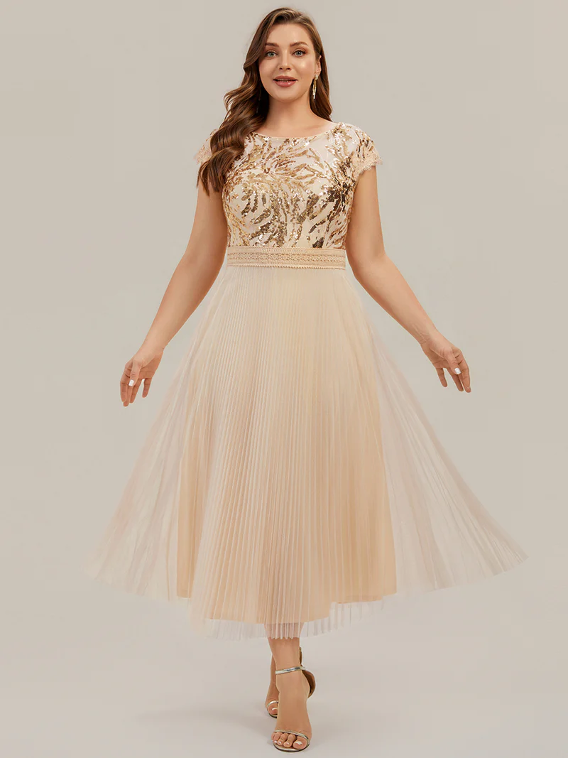 Cap Sleeve Sequins Pleated Dress (Gold) (Made To Order)