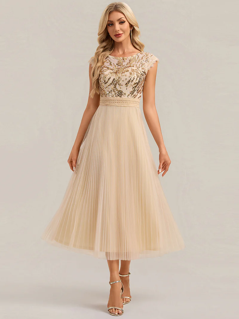 Cap Sleeve Sequins Pleated Dress (Gold) (Made To Order)