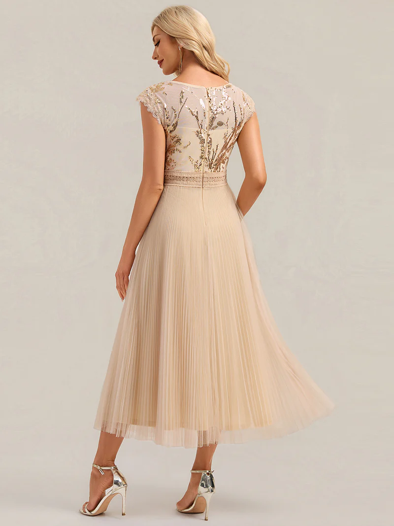 Cap Sleeve Sequins Pleated Dress (Gold) (Made To Order)