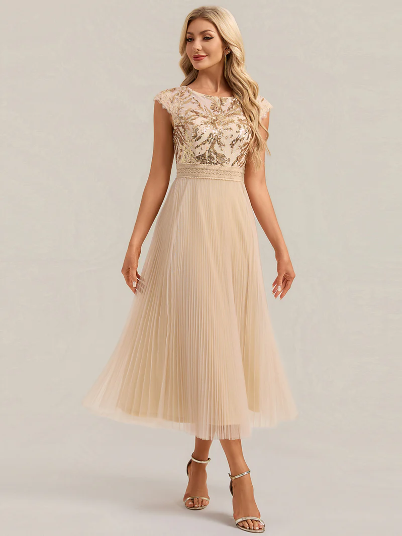 Cap Sleeve Sequins Pleated Dress (Gold) (Made To Order)