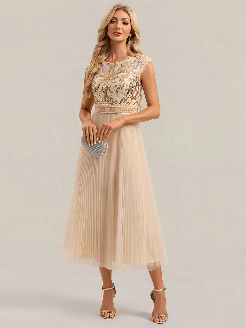 Cap Sleeve Sequins Pleated Dress (Gold) (Made To Order)