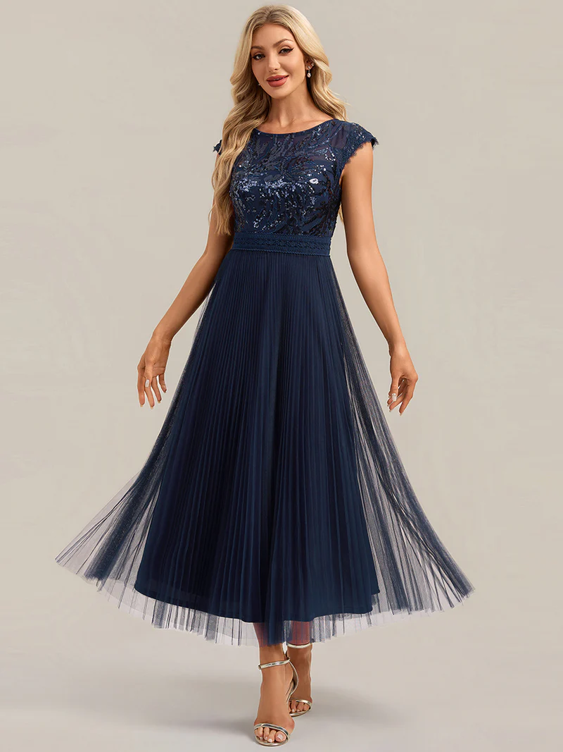 Cap Sleeve Sequins Pleated Dress (Navy Blue) (Made To Order)
