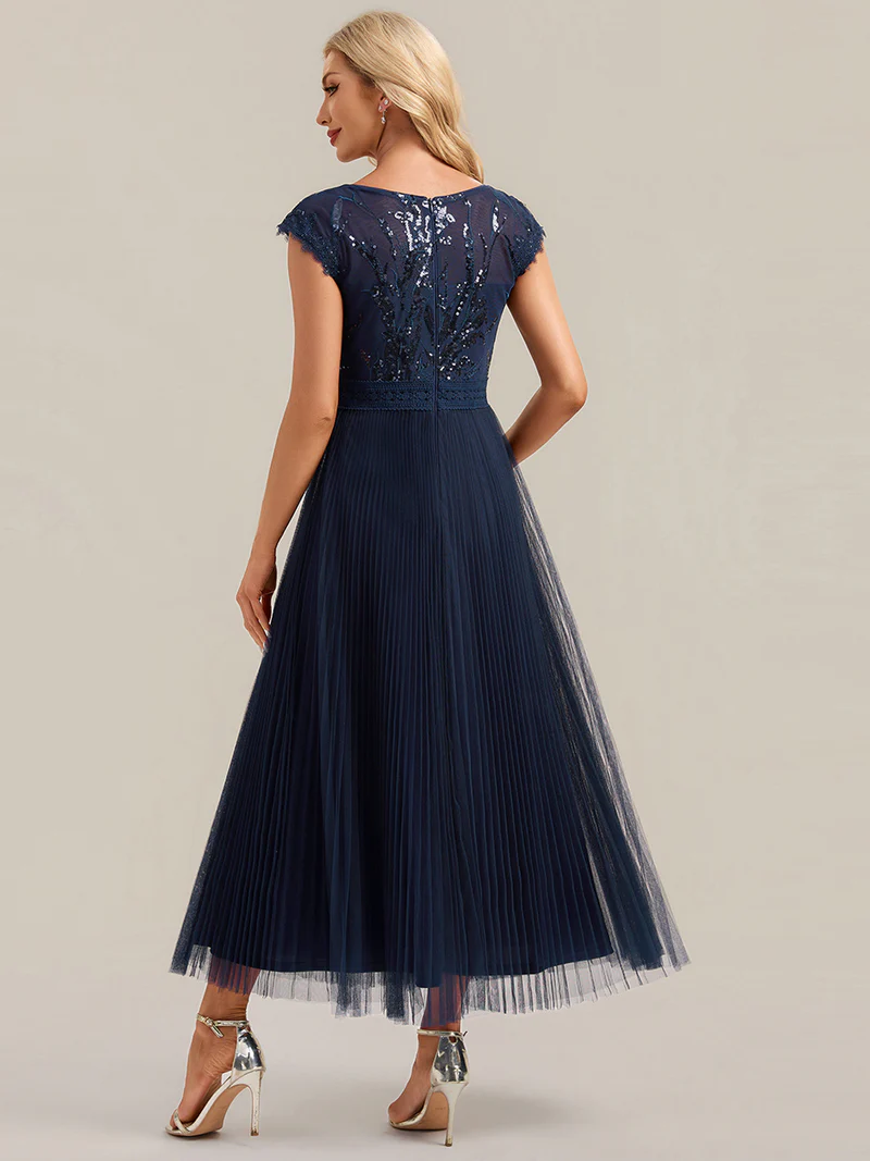 Cap Sleeve Sequins Pleated Dress (Navy Blue) (Made To Order)