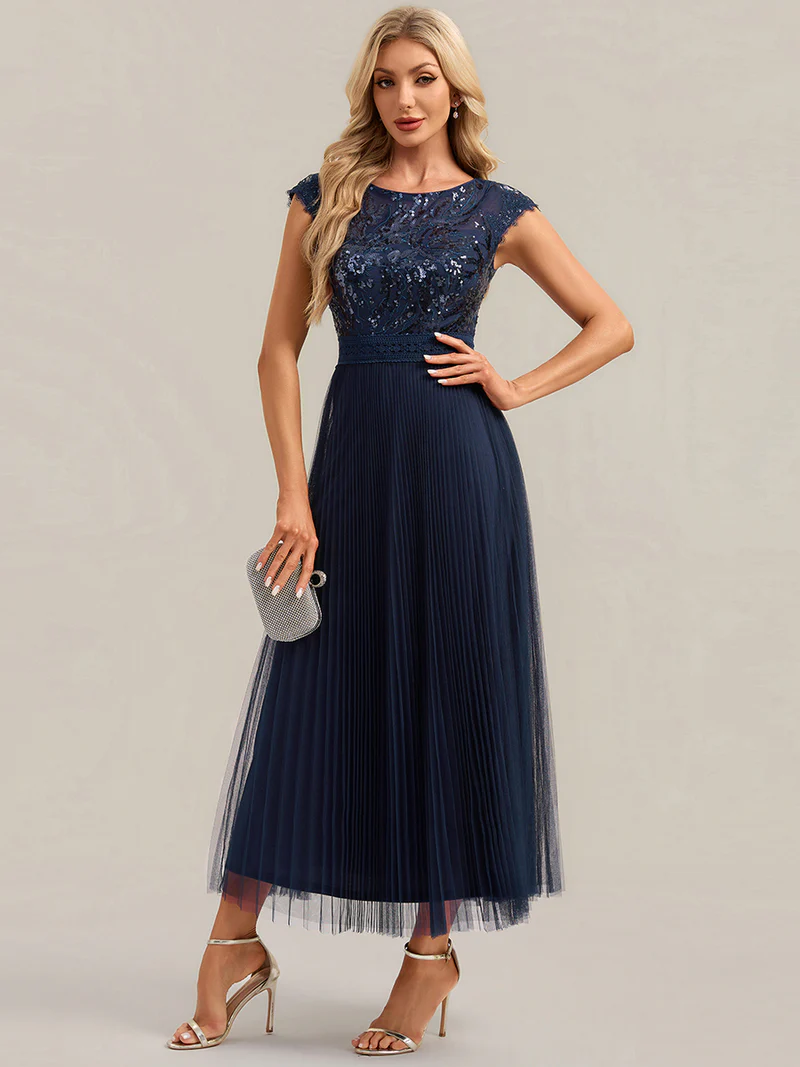 Cap Sleeve Sequins Pleated Dress (Navy Blue) (Made To Order)