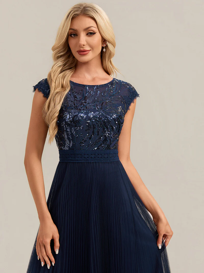 Cap Sleeve Sequins Pleated Dress (Navy Blue) (Made To Order)