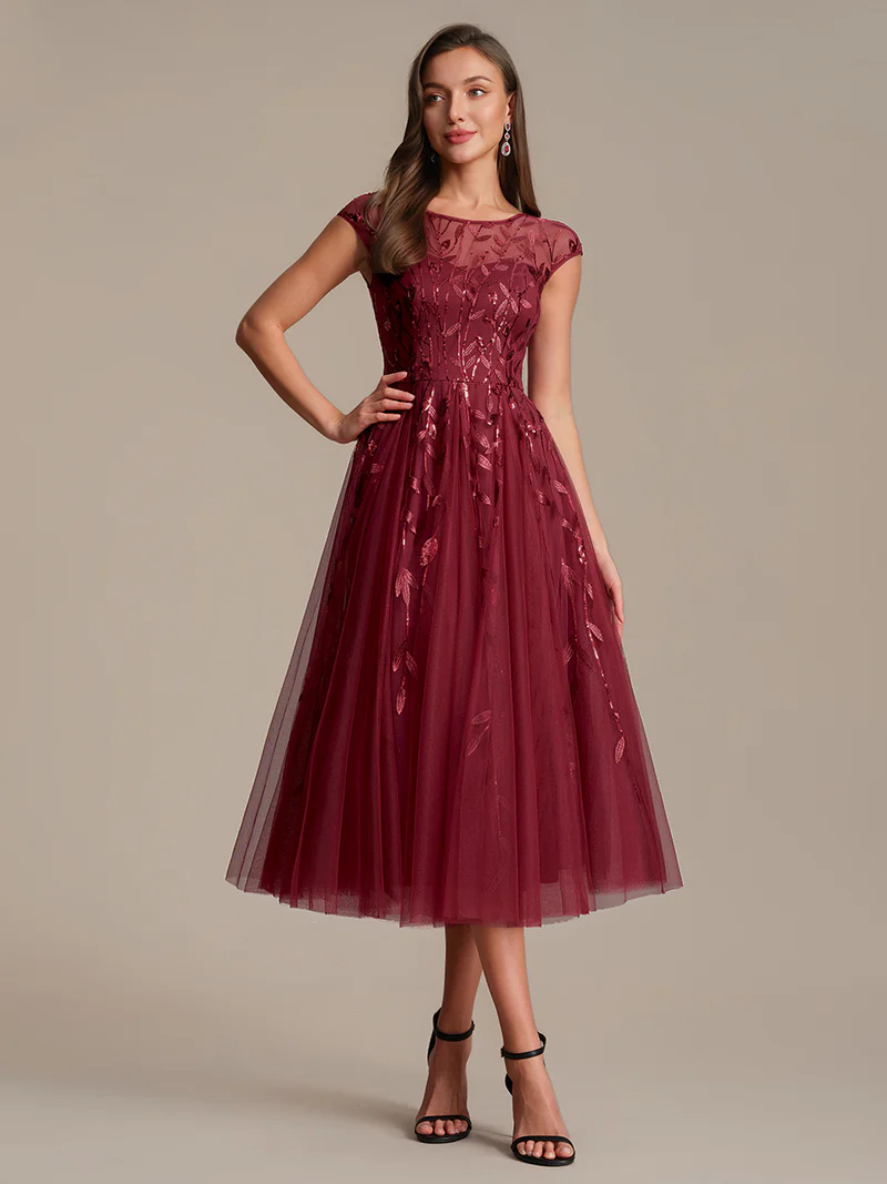 Burgundy Blossom Embroidered Tulle Midi Dress  (Burgundy) (Made To Order)