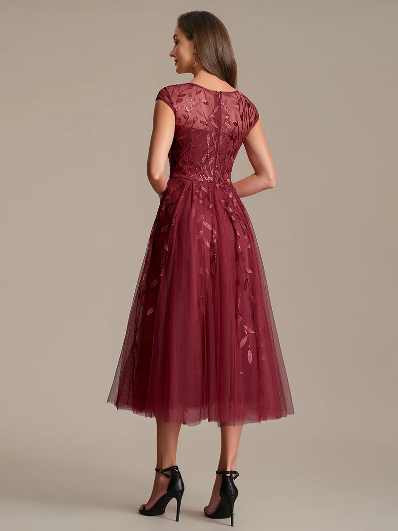 Burgundy Blossom Embroidered Tulle Midi Dress  (Burgundy) (Made To Order)