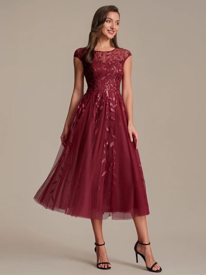 Burgundy Blossom Embroidered Tulle Midi Dress  (Burgundy) (Made To Order)
