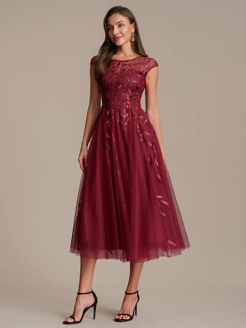 Burgundy Blossom Embroidered Tulle Midi Dress  (Burgundy) (Made To Order)