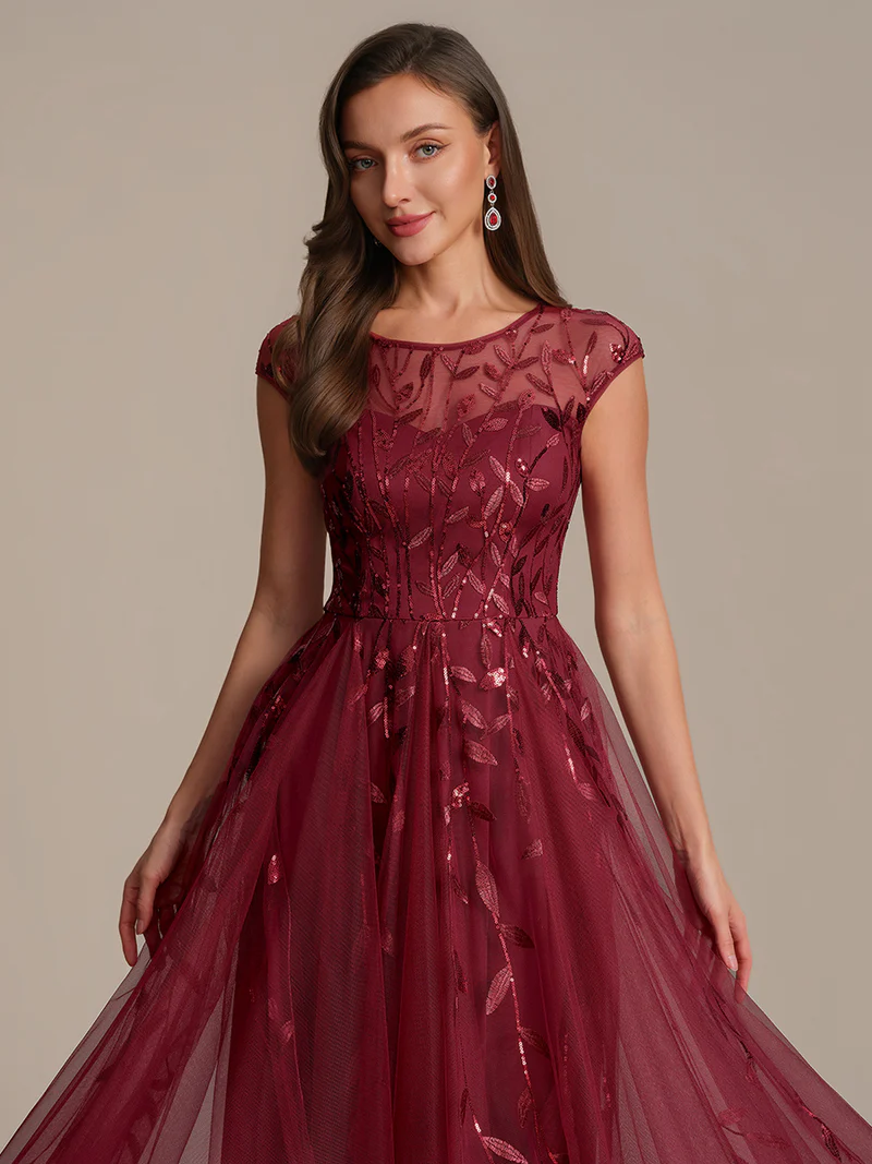 Burgundy Blossom Embroidered Tulle Midi Dress  (Burgundy) (Made To Order)