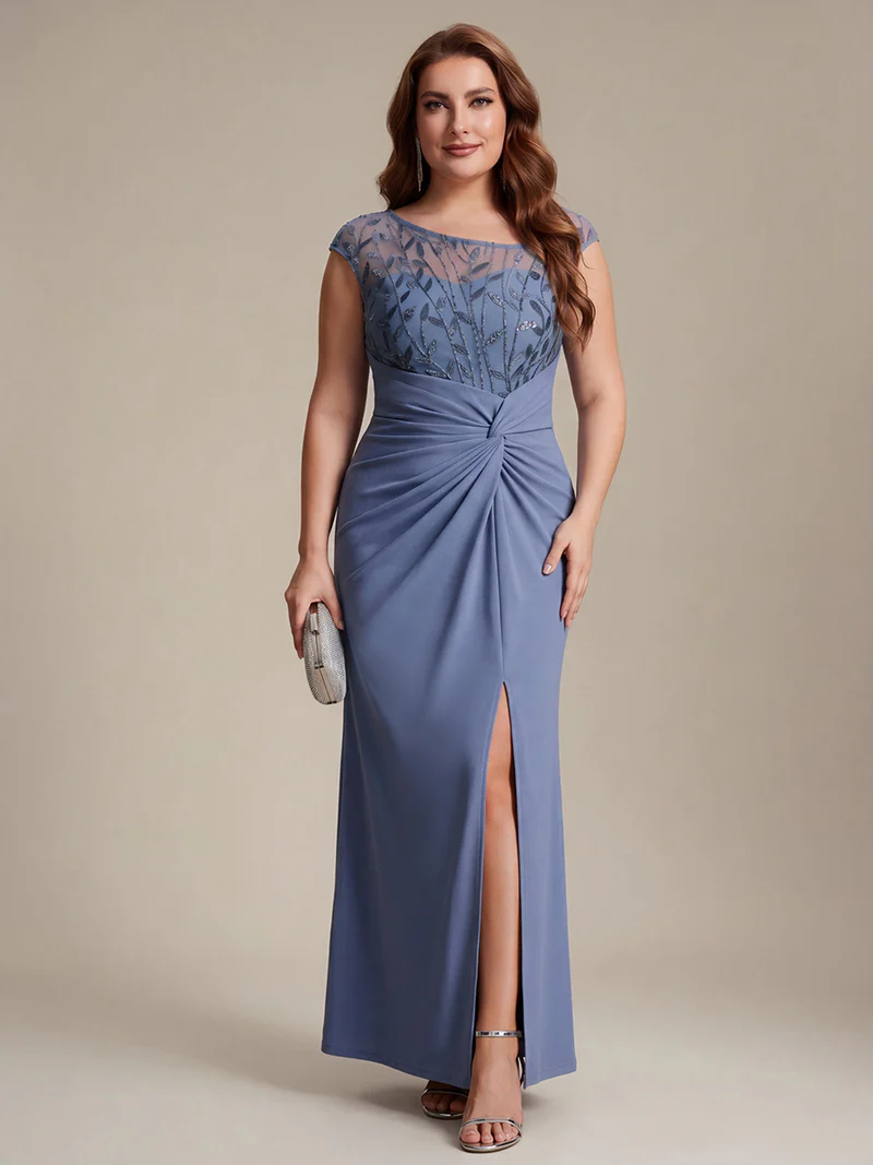Cap Sleeves Asymmetrical Sequin Evening Gown (Dusty Blue) (Made To Order)