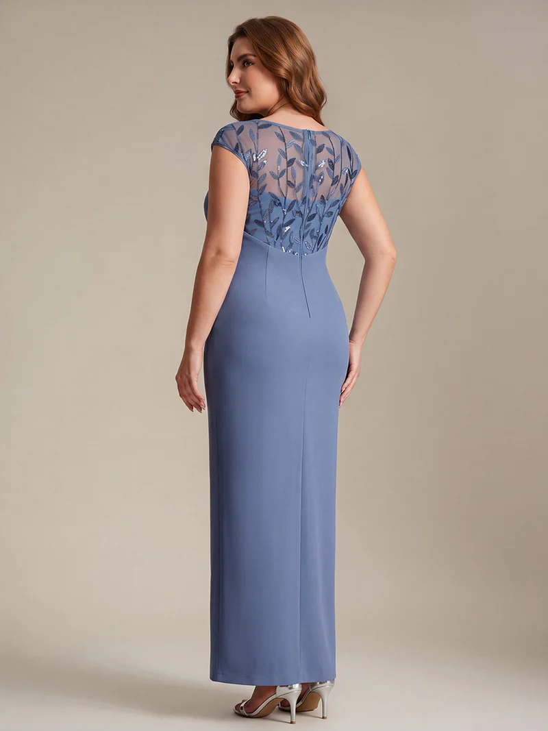 Cap Sleeves Asymmetrical Sequin Evening Gown (Dusty Blue) (Made To Order)