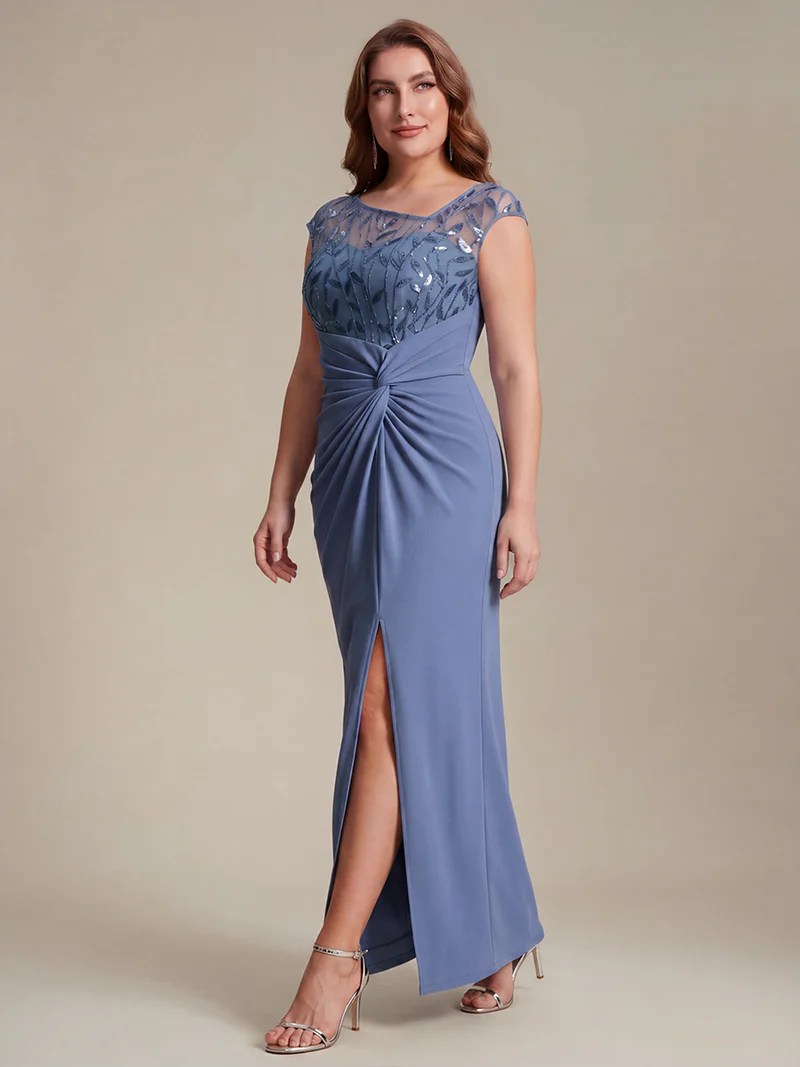Cap Sleeves Asymmetrical Sequin Evening Gown (Dusty Blue) (Made To Order)