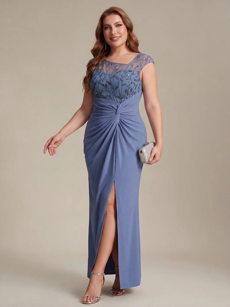 Cap Sleeves Asymmetrical Sequin Evening Gown (Dusty Blue) (Made To Order)
