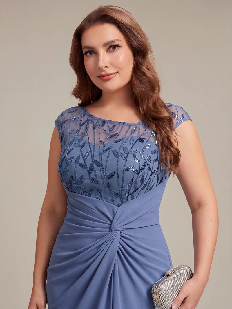 Cap Sleeves Asymmetrical Sequin Evening Gown (Dusty Blue) (Made To Order)