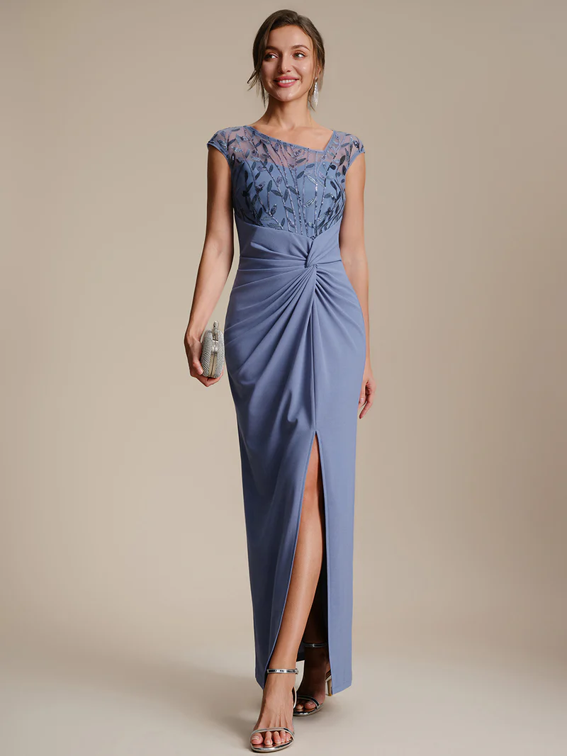 Cap Sleeves Asymmetrical Sequin Evening Gown (Dusty Blue) (Made To Order)