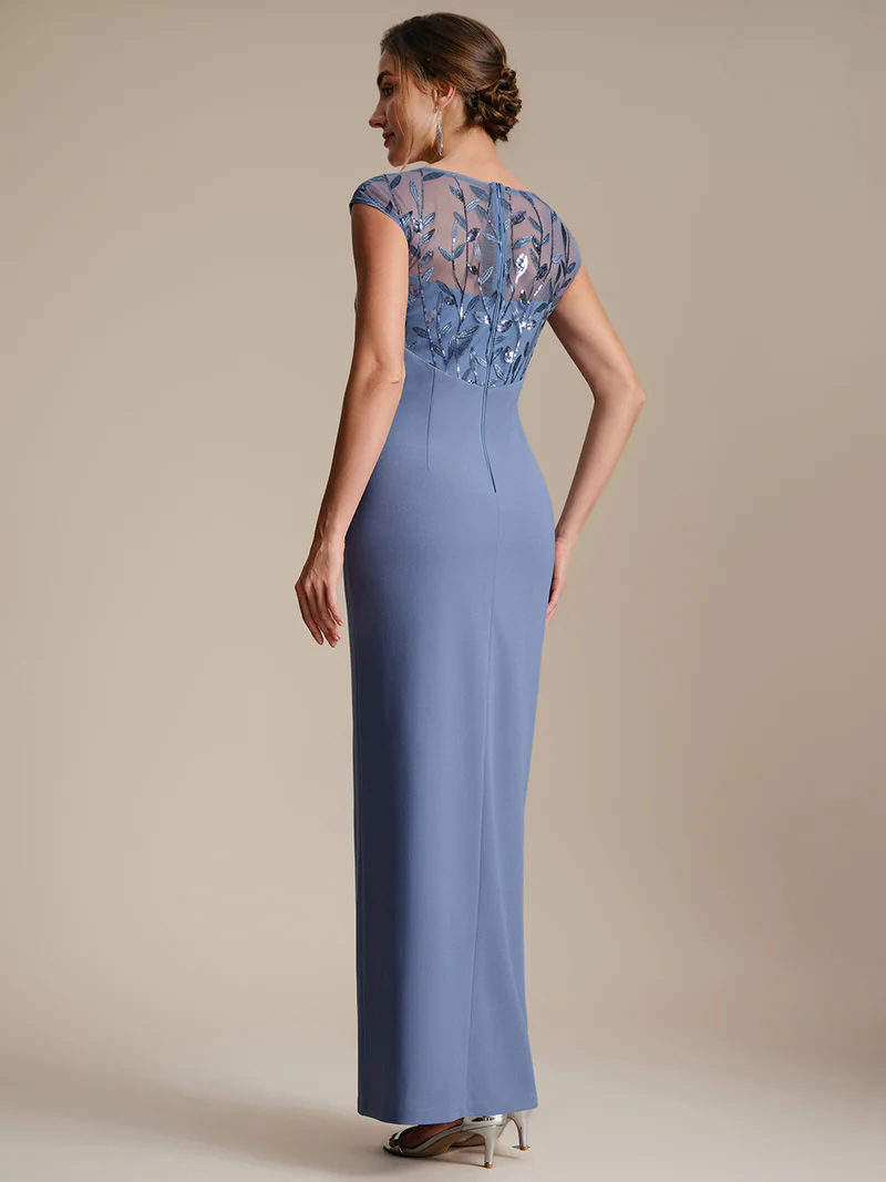 Cap Sleeves Asymmetrical Sequin Evening Gown (Dusty Blue) (Made To Order)