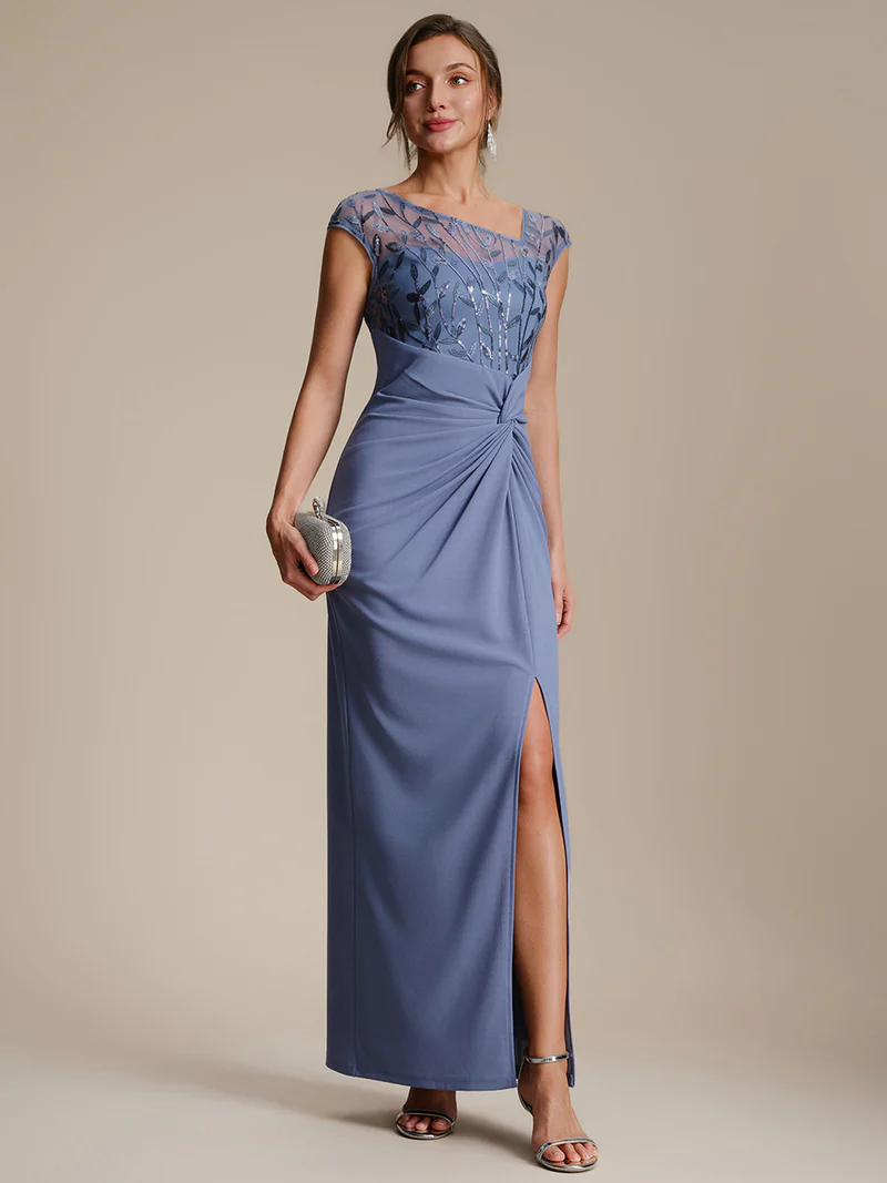 Cap Sleeves Asymmetrical Sequin Evening Gown (Dusty Blue) (Made To Order)
