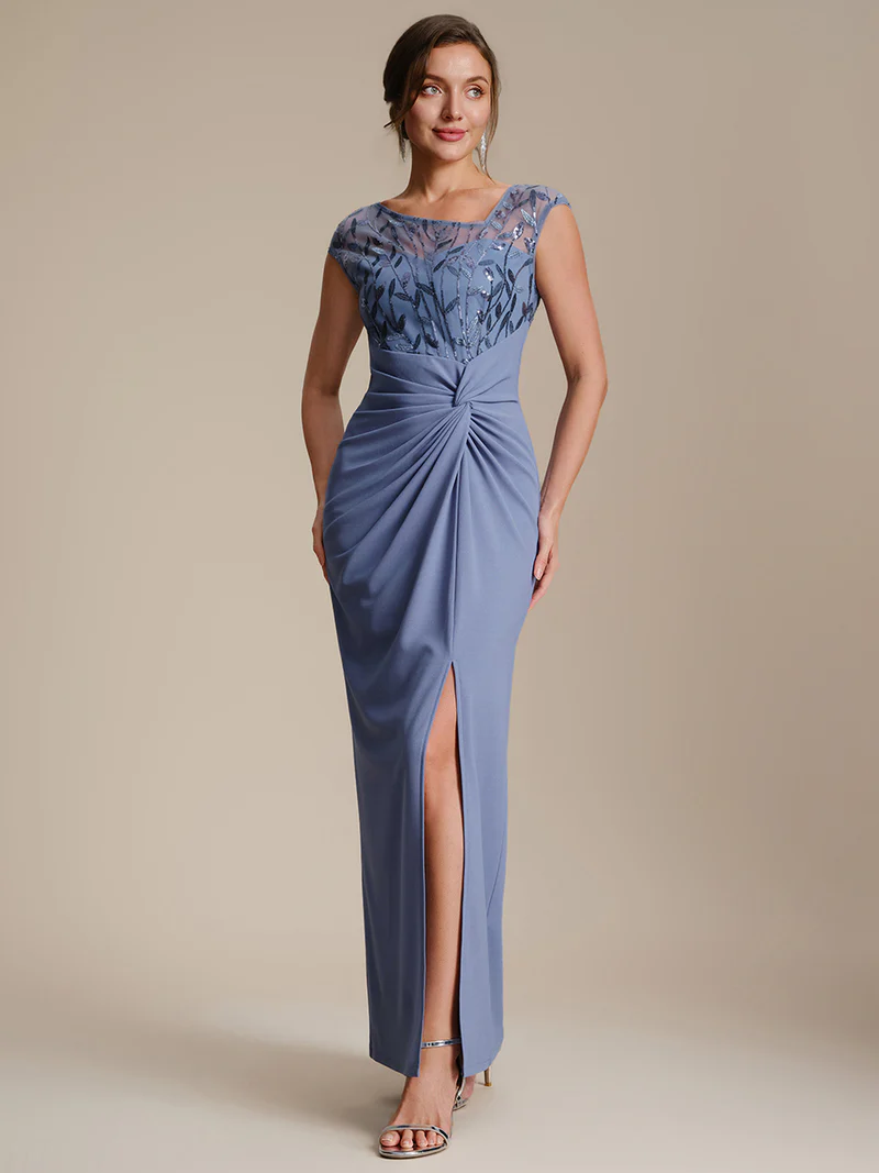 Cap Sleeves Asymmetrical Sequin Evening Gown (Dusty Blue) (Made To Order)