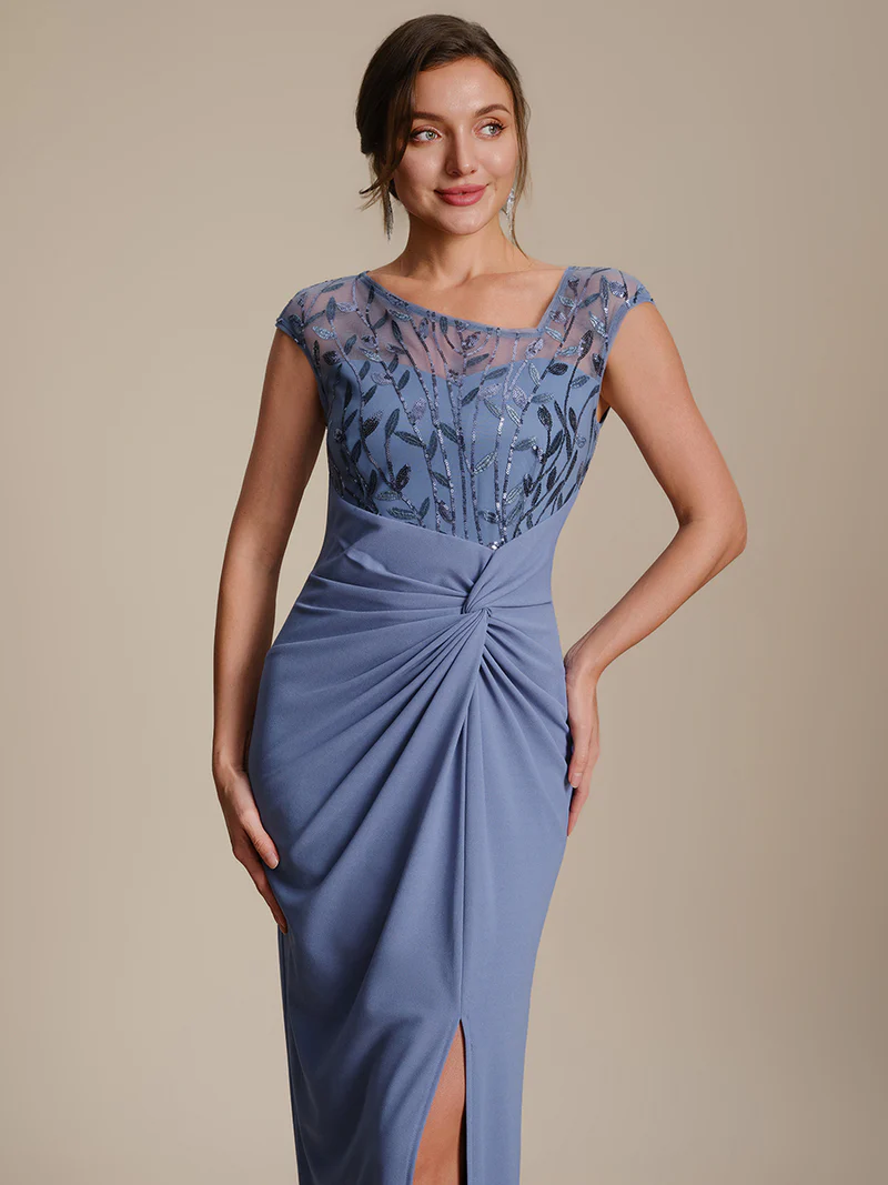 Cap Sleeves Asymmetrical Sequin Evening Gown (Dusty Blue) (Made To Order)