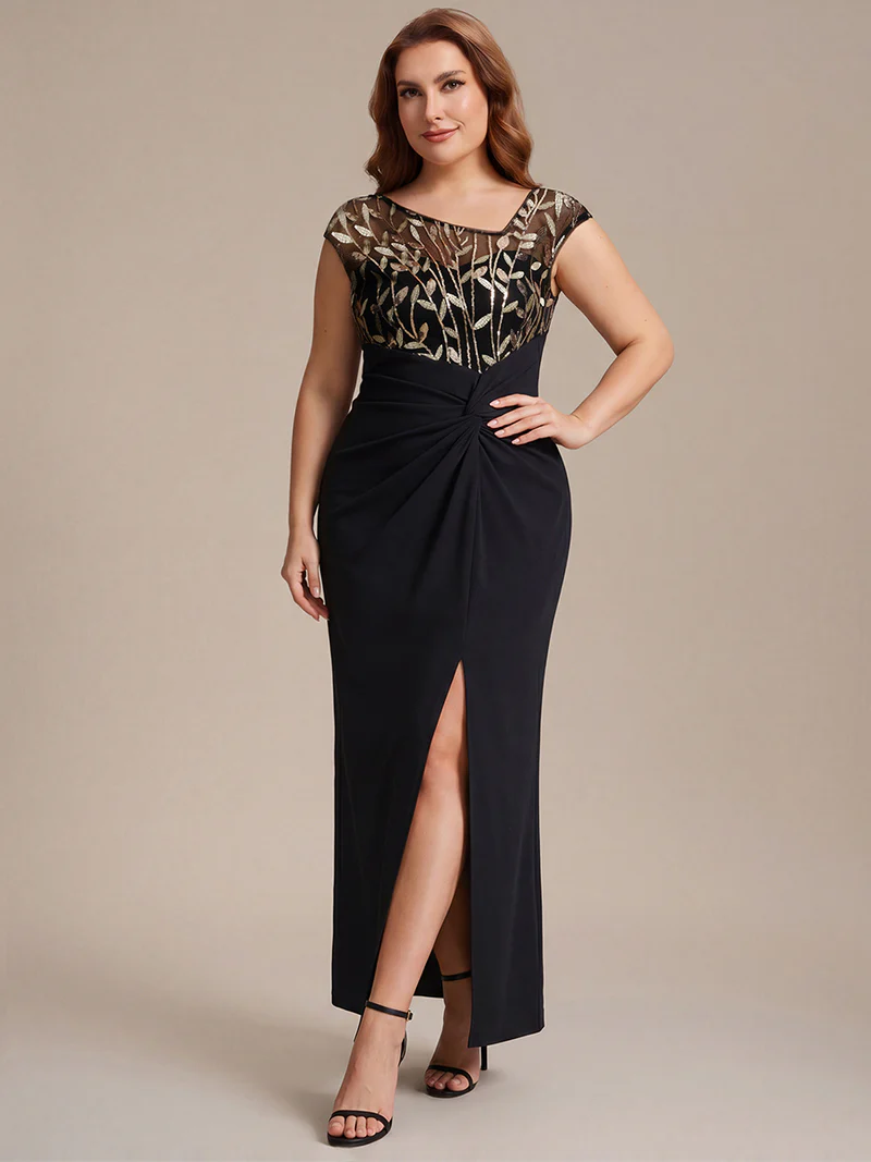 Cap Sleeves Asymmetrical Sequin Evening Gown (Black Gold) (Made To Order)
