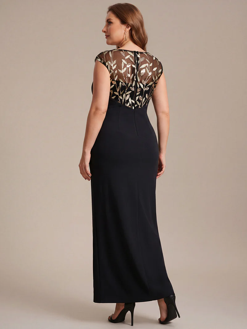 Cap Sleeves Asymmetrical Sequin Evening Gown (Black Gold) (Made To Order)