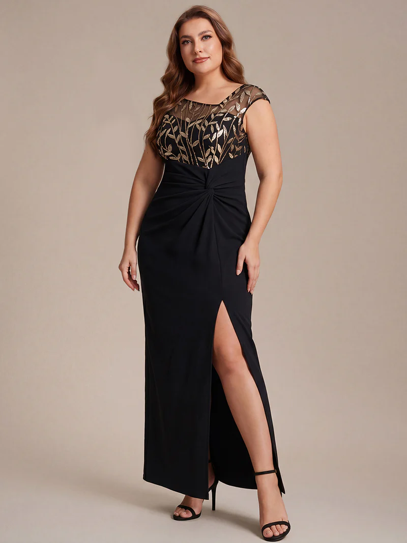 Cap Sleeves Asymmetrical Sequin Evening Gown (Black Gold) (Made To Order)