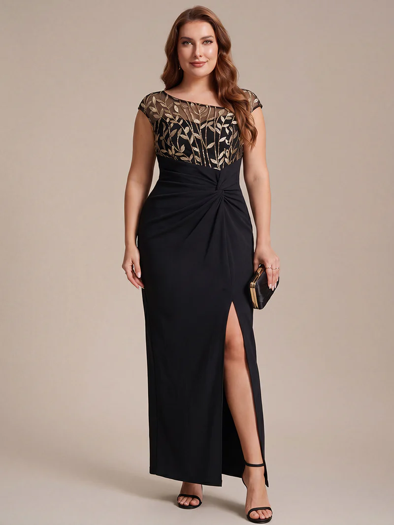 Cap Sleeves Asymmetrical Sequin Evening Gown (Black Gold) (Made To Order)