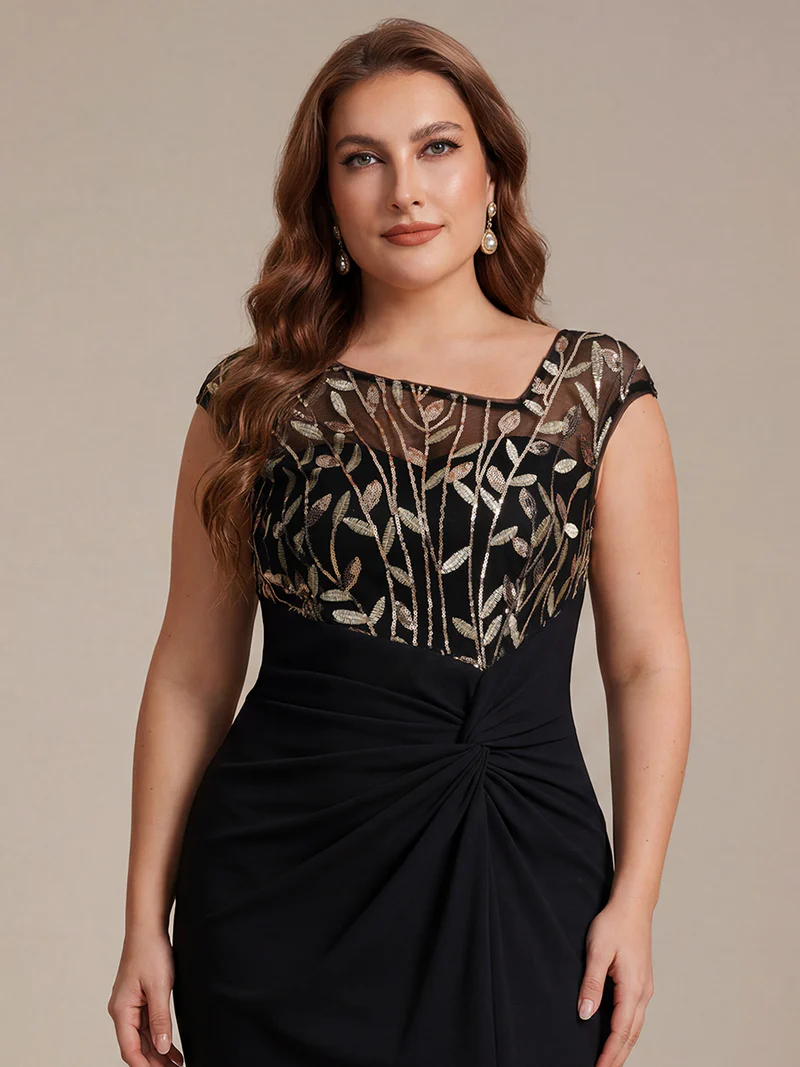 Cap Sleeves Asymmetrical Sequin Evening Gown (Black Gold) (Made To Order)