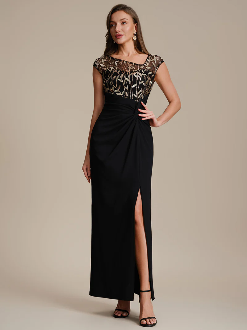 Cap Sleeves Asymmetrical Sequin Evening Gown (Black Gold) (Made To Order)