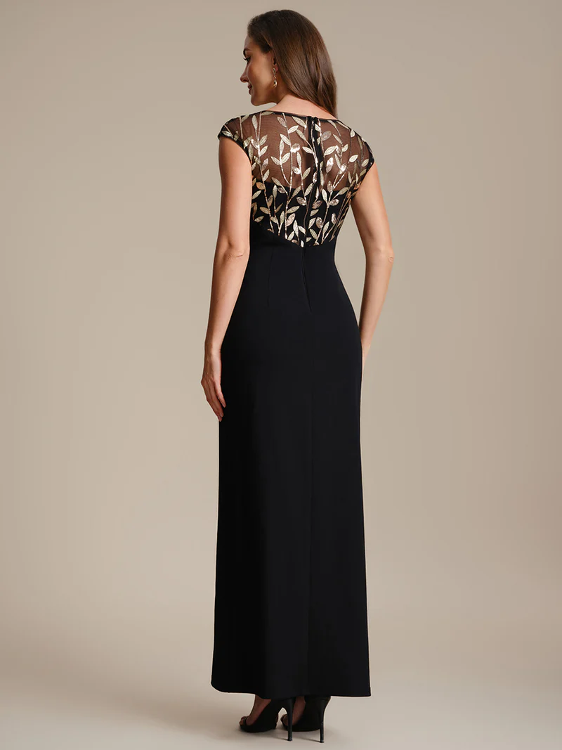 Cap Sleeves Asymmetrical Sequin Evening Gown (Black Gold) (Made To Order)