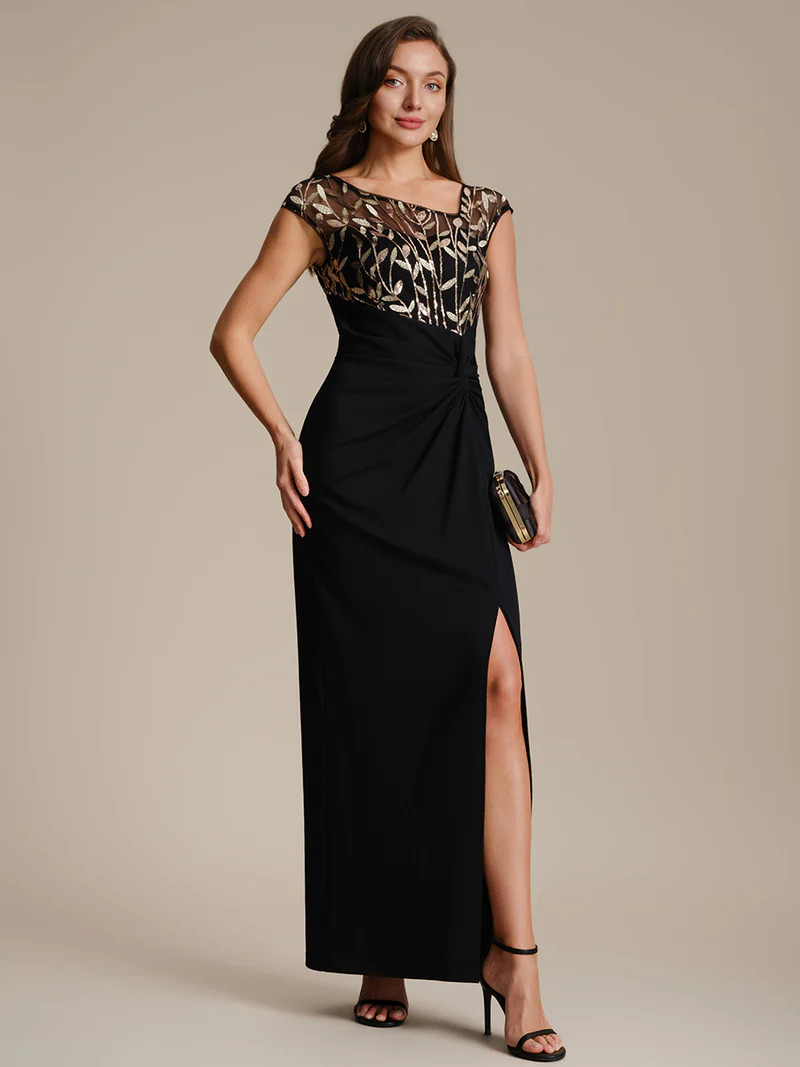 Cap Sleeves Asymmetrical Sequin Evening Gown (Black Gold) (Made To Order)