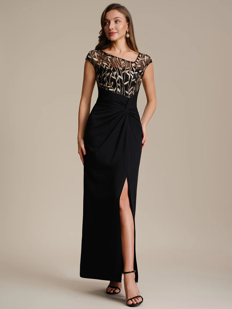 Cap Sleeves Asymmetrical Sequin Evening Gown (Black Gold) (Made To Order)