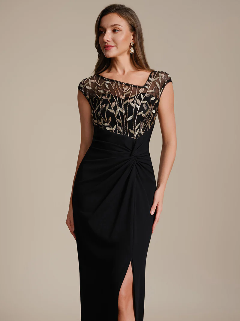 Cap Sleeves Asymmetrical Sequin Evening Gown (Black Gold) (Made To Order)