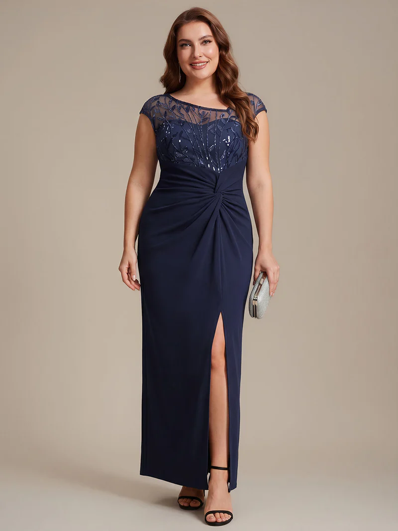 Cap Sleeves Asymmetrical Sequin Evening Gown (Navy Blue) (Made To Order)