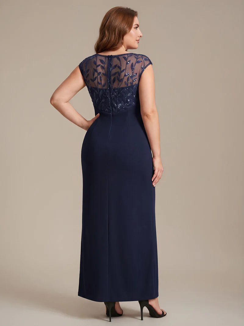 Cap Sleeves Asymmetrical Sequin Evening Gown (Navy Blue) (Made To Order)