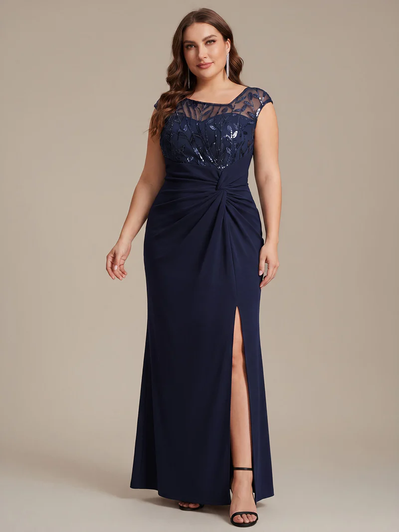 Cap Sleeves Asymmetrical Sequin Evening Gown (Navy Blue) (Made To Order)
