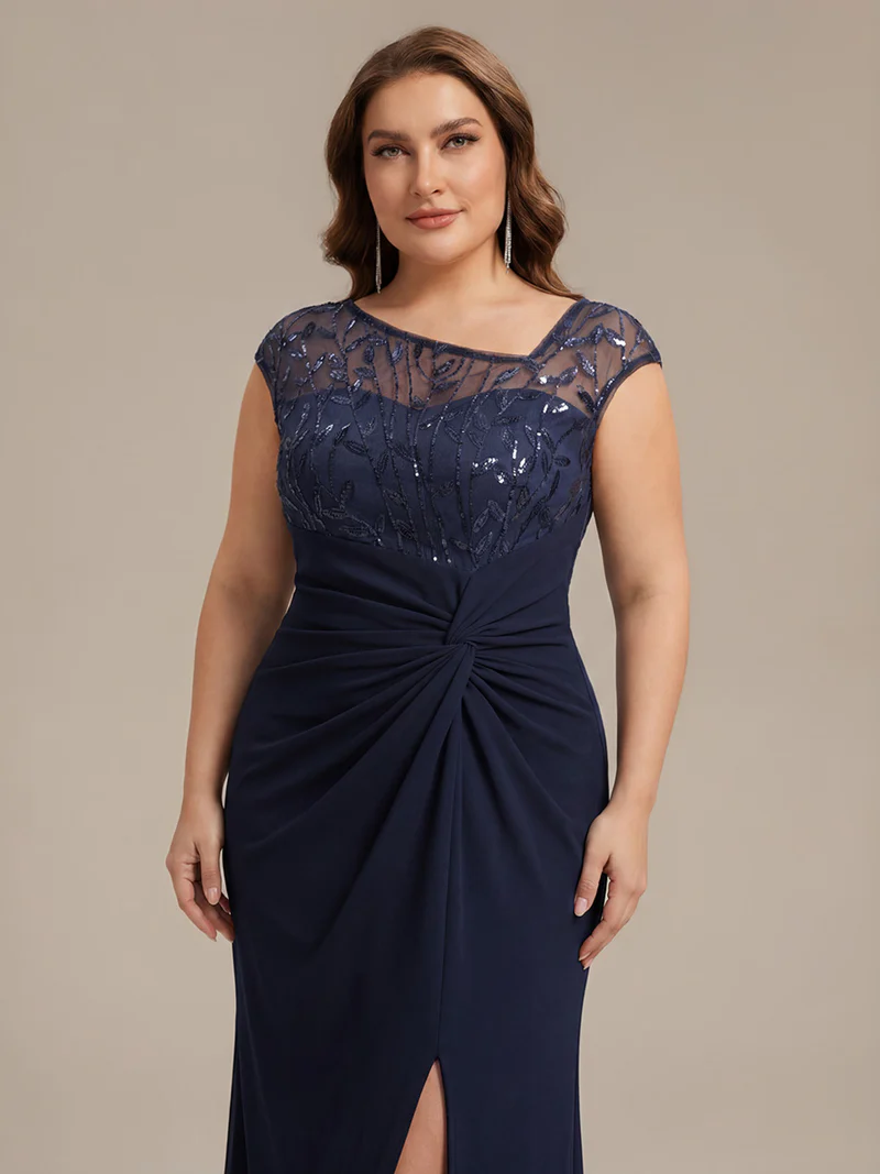 Cap Sleeves Asymmetrical Sequin Evening Gown (Navy Blue) (Made To Order)