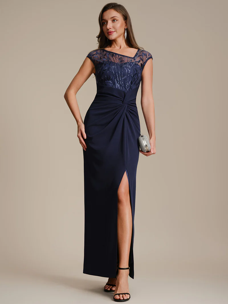 Cap Sleeves Asymmetrical Sequin Evening Gown (Navy Blue) (Made To Order)