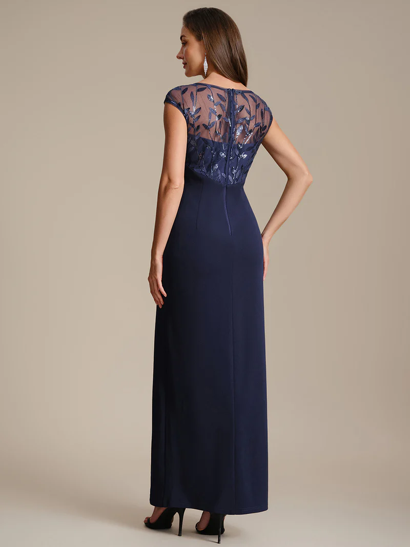 Cap Sleeves Asymmetrical Sequin Evening Gown (Navy Blue) (Made To Order)