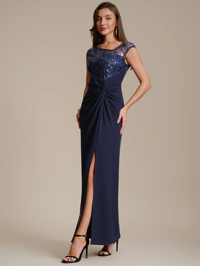 Cap Sleeves Asymmetrical Sequin Evening Gown (Navy Blue) (Made To Order)
