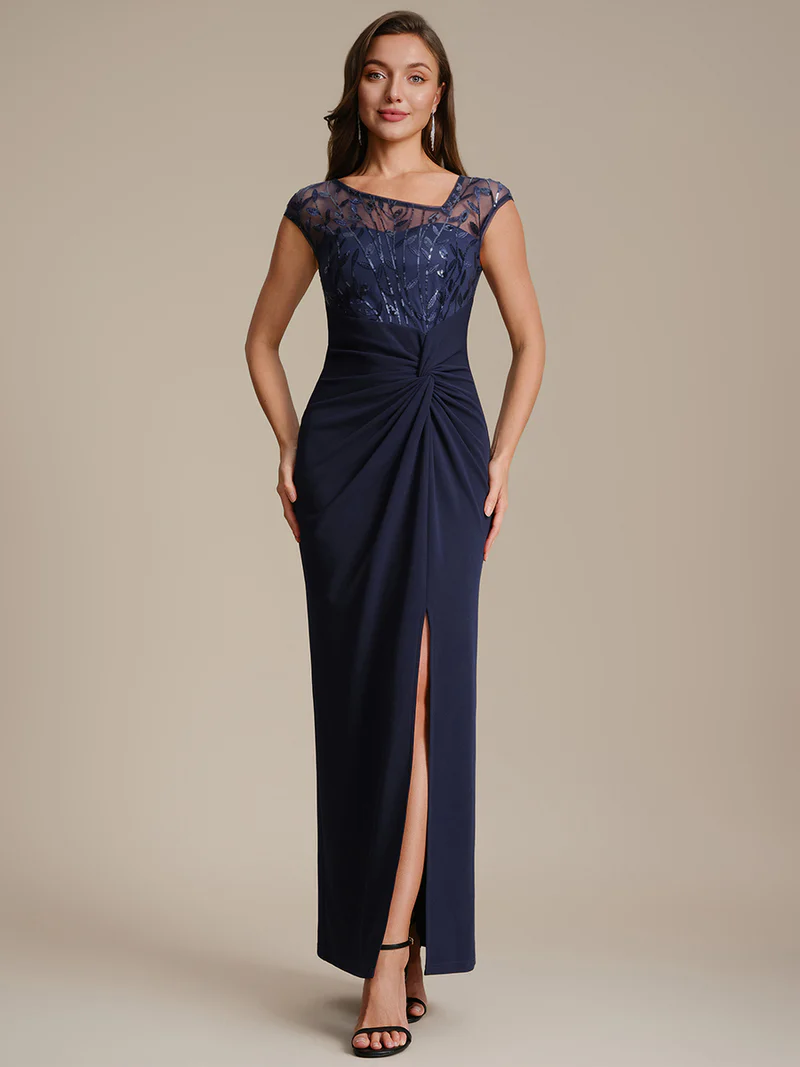 Cap Sleeves Asymmetrical Sequin Evening Gown (Navy Blue) (Made To Order)