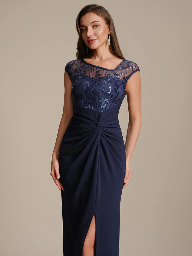 Cap Sleeves Asymmetrical Sequin Evening Gown (Navy Blue) (Made To Order)