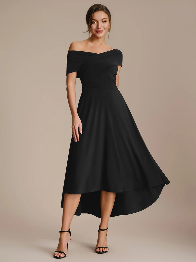 Off Shoulder High Low Length Black Dress (Made to Order)