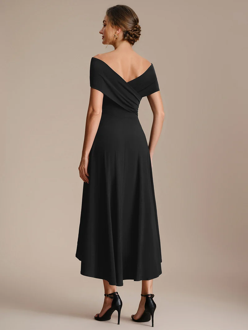 Off Shoulder High Low Length Black Dress (Made to Order)