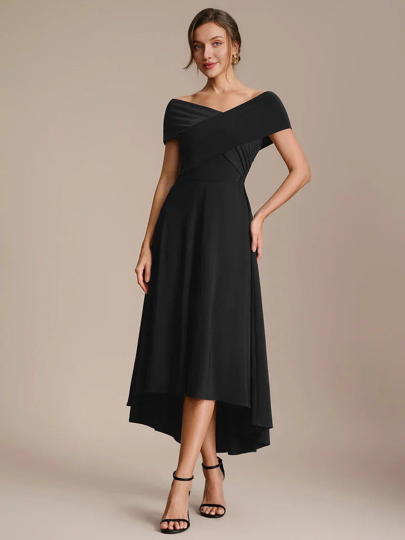 Off Shoulder High Low Length Black Dress (Made to Order)
