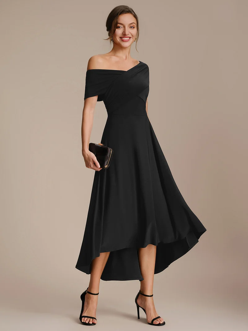 Off Shoulder High Low Length Black Dress (Made to Order)