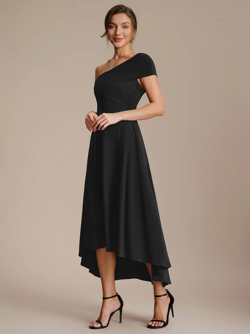 Off Shoulder High Low Length Black Dress (Made to Order)