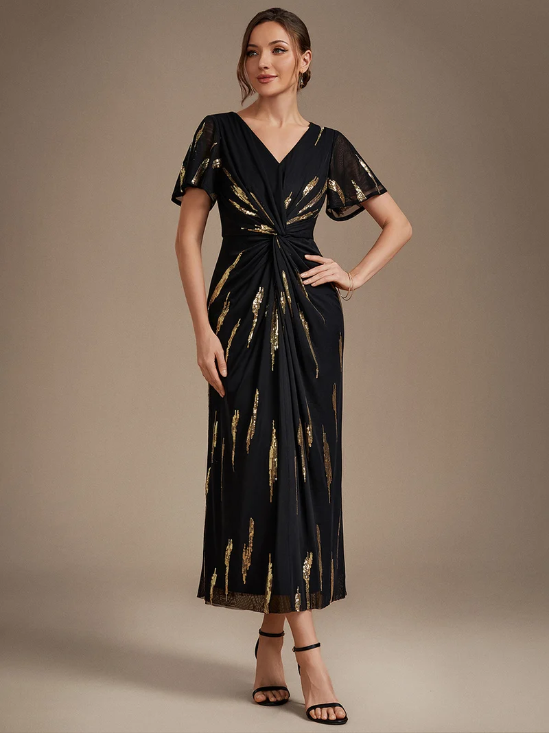 Short Sleeve Ruffle Sheath V-Neck Dress (Black Gold) (Made To Order)