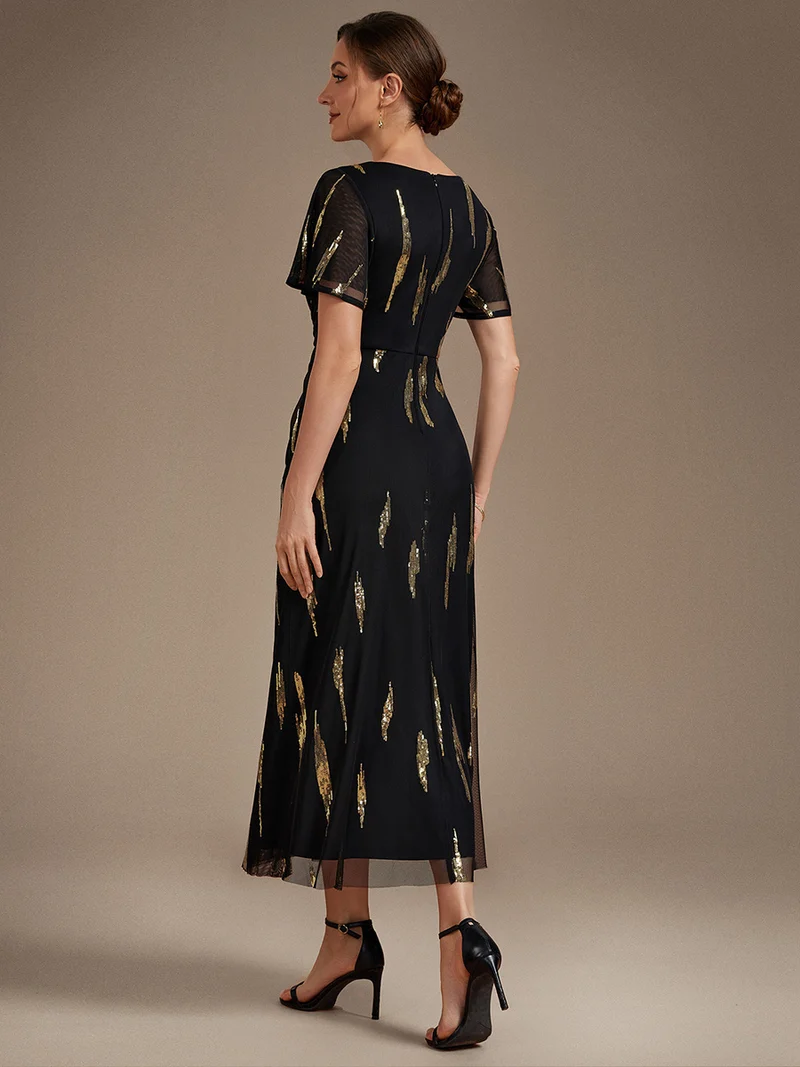 Short Sleeve Ruffle Sheath V-Neck Dress (Black Gold) (Made To Order)